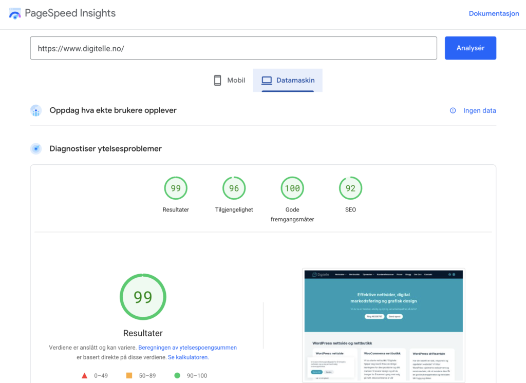 Google Pagespeed Insights for digitelle.no