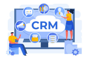 CRM illustrasjon - tegning av en dataskjerm med ikoner relatert til kundesystemer. En mann og en kvinne jobber med CRM systemet
