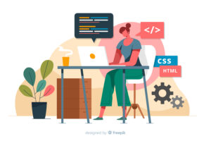 CSS & HTML illustrasjon - kvinne sitter og koder på et bord med en laptop.