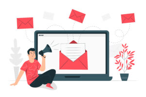E-postmarkedsføring illustrasjon av en mann foran en stor laptop og brev
