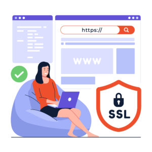 SSL illustrasjon - flat vektorillustrasjon av en kvinne som sitter i en sakkosekk og bruker en SSL-sikret nettside.