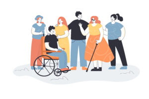 Menn og kvinner tar imot mennesker med nedsatt funksjonsevne. Gruppe mennesker som møter blind kvinnelig karakter og mann i rullestol. Folk snakker, smiler. Inkluderingskonsept for banner, nettsteddesign
