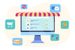 WooCommerce illustrasjon - Vector flatt konsept for e-handel, nettbutikk. Betaling via datamaskin og rask levering. Shoppingtjeneste, digitalt markedsføringskonsept. Kjøpe varer i butikk over internett.